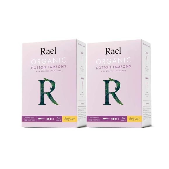 2 Pack Rael Tampons Regular Absorbency Organic Cotton BPA-Free Applicator 16 ea - Picture 1 of 1